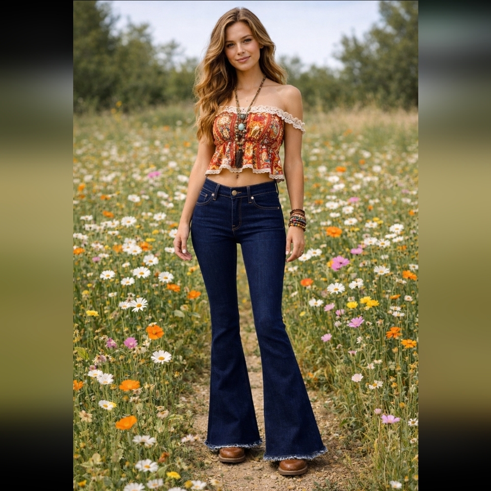 70'sThree🐦Bird🐦Nest Y2K☮HIPPIE Midnight Blue VINTAGE FLARE Jeans Sz XS/S